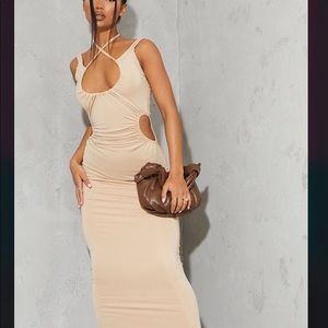 Stone Slinky Strappy Halterneck Detail Side Cut Out Midaxi Dress